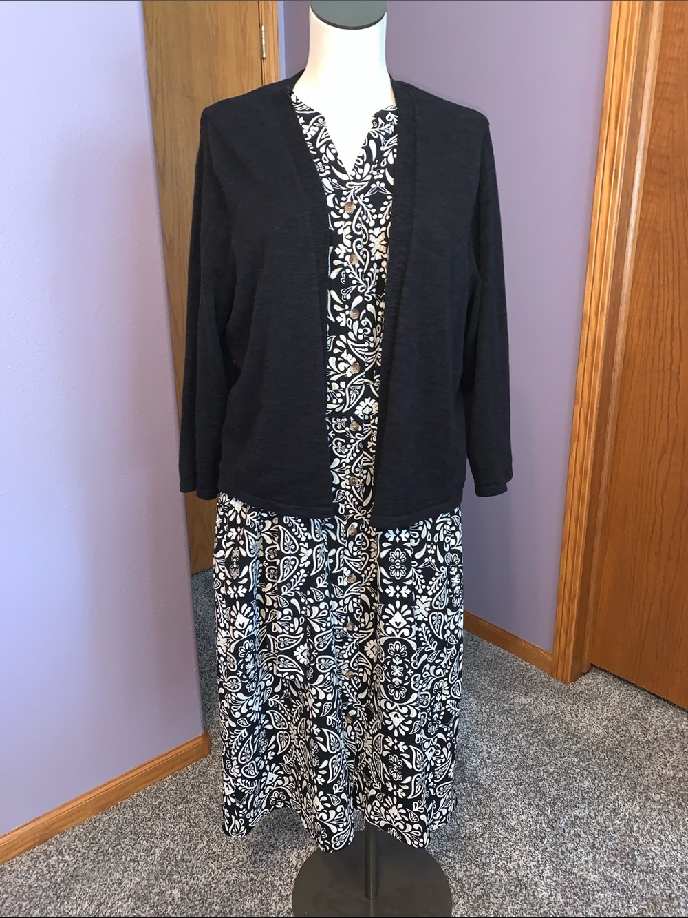 Croft & Barrow Black & White Dress with Black Open Cardigan. Size XL. NWOT
